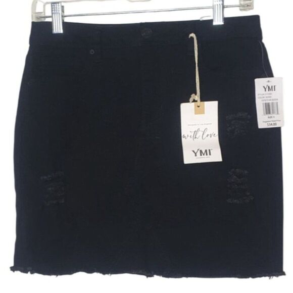 YMI Juniors Mini Skirt Sz 5 Black Stretchy Distressed Denim Y2K Grunge Edgy New - Picture 2 of 7